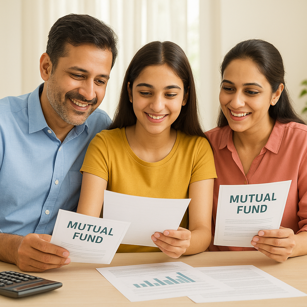 Happy Indian family reviewing mutual fund certificates and financial documents for investment planning